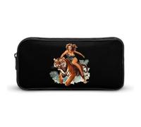 Pinup Riding on Tiger Large Capacity Pencil Cases with Zippered Portable Pen Pouch Makeup Bag Office Supplies