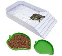 PINVNBY 3 PCS Tortoise Food Dish Plastic Turtle Pool with Ramp Leaf Reptile Food Dish & Water Bowl Tortoise Habitat Accessories for Frog Lizard Box Turtle (White)
