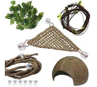 PINVNBY Bearded Dragon Tank Accessories,Lizard Habitat Hammock Reptile Natural Coconut Shell Cave Jungle Climber Bendable Vines Leaves Decor for Gecko Chameleon Snakes Hermit Crabs(5 Pcs)