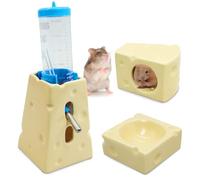 PINVNBY Ceramic Hamsters Hideout, Hamster Food Bowl and Water Bottle with Stand Ceramic Cheese Hamster Cage Accessories for Campbell Gerbil Dwarf to Eat Drink and Play in Habitat(4 PCS)