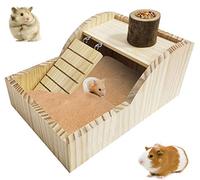 PINVNBY Hamster Sand Bath Box Wooden Shower Room Digging Sand Bathtub Container with Climbing Ladder Bowl Bathroom for Dwarf Syrian Mice Mouse Gerbils and Other Small Animals