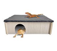 PINVNBY Large Bearded Dragon Basking Platform, Wooden Snake Hide, Ball Pythons Hide with Slate Rock, Leopard Gecko Tank Accessories for Geckos, Crested Gecko Chameleon Turtles (L: 11.8×7.87 inches)