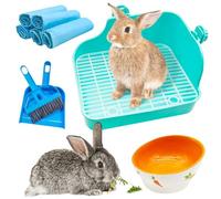 PINVNBY Multi-Purpose Plastic Rabbit Litter Box Set, 5 Disposable Pet Pads, Mini Broom & Dustpan, Ceramic Rabbit Feeding Bowl - Ideal for Rabbits, Guinea Pigs