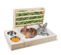 PINVNBY Rabbit Hay Feeder with Litter Box,3 in 1 Wooden Bunny Feeder Guinea Pig Litter Box Small Animal Hay Holder Rack with Toilet and 2 Bowls Combo for Rabbits Chinchillas Hamsters