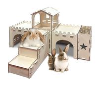 PINVNBY Wooden Bunny House and Hideouts, Extra Large Guinea Pig Castle & Rabbit Hay Feeder, Detachable Indoor Wooden Rabbit House Hide Climbing Hideaway Castle for Small Animal Hamster Chinchilla