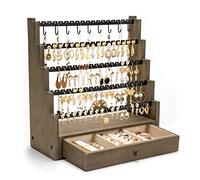 Pinzoveco Earring Organizer, 5 Layer Earring Holder Organizer with Necklace Holder Pole, Rustic Wood Jewelry Organizer Stand Display for Stud Earring Bracelet Necklace Ring, 175 Earring Holes