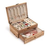 Pinzoveco Jewelry Box for Women, Rustic Wooden Jewelry Organizer Box for Storing Earrings, Rings, Necklaces, Farmhouse Style, Wooden Jewelry Boxes and Organizer (Torchwood Color)
