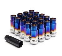 Piodelo 20 Pieces Chrome Lug Nuts, M12x1.25 Open End Wheel Nuts, Taper Acorn Seat, Closed End Bulge Acorn Lug Nut, Forged Locknut Racing Nut Set with 1 Nut Socket Key Fit for Various Cars- Red & Blue