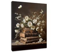 PioflioR Abstract Vintage Floral Canvas Wall Art for Bathroom White Flower and Book with Butterfly Farmhouse Brown Canvas Art Print(30x40cm（12x16inch)/Internal Frame