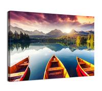 PioflioR Sunset Mountain Wall Art Shoreside Boat on the Lake Pictures Wall Decor Sunrise Lake Landscape Canvas Print Modern Nature(30x40cm（12x16inch)/Frameless