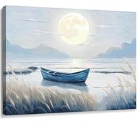 PioflioR Wall Art Blue Beach Ocean Nature Canvas Picture with Boat Moon Lake Mountain Sea Relaxing Serene Landscape Gallery(60x90cm（24x35inch)/Internal Frame