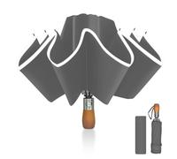 Pioggistar Windproof Folding Umbrella, Automatic Reverse Umbrella, Rain Umbrella 10 Reinforced Ribs for Men and Women, Wooden Handle, Diameter 105 cm, grey, S