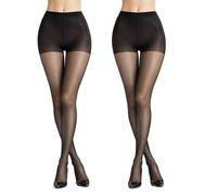 PIOGOWE 2Pack Sheer Tights for Women, 20D Legs, 40D Reinforced Top, Run-Resistant Knit, High-Stretch Waist, Reinforced Toes, Black×2 (Classic), S