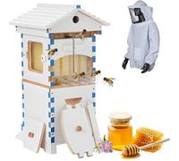 PioMue Self-Flowing Honey Hive,Beehive Starter Kit,Frame Complete Bee Box with Observation Window & Honey Spout,Includes Beekeeper Suit for Garden Pollinators