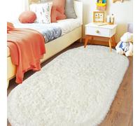 Pionblank Fluffy Oval Rug for Bedroom 3.3x6.2, Shag Throw Rugs for Bedside, Ultra Soft Cute Plush Carpet for Girls Boys Room Living Room Nursery Dorm Home Decor, Cream White