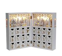 Pioneer Effort Christmas Wooden Advent Calendar Book with Drawers and LED, Reusable Christmas Countdown Wooden Advent Calendar with Village Forest Reindeer Scene Adults Kids(White&Gold)