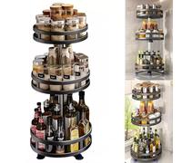 PIONEER GOODS 3 Tier 360° Rotating Spice Rack, Height Adjustable Kitchen Organiser, Revolving Turntable for Pantry Cabinet Countertop Bathroom Storage, Steel, 60 x 25cm