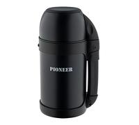 Pioneer Outdoor Vacuum Insulated Flask, Leakproof Double Walled Stainless Steel 8 Hours Hot or Cold with Extendable Handle, Strap and Mug - Black, 1 Litre