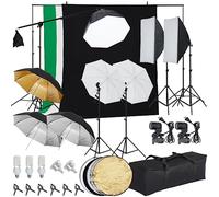 PioneerWorks Photography Lighting kit with Backdrops, 8.5ftx10ft Backdrop Stand, 5 tripod stands and Bulb, Umbrella Softbox Continuous Lighting, Photo Studio Equipment for Portrait Product Photo Shoot