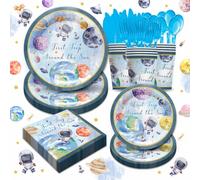 Piooluialy First Trip Around The Sun Birthday Party Decorations - 1st Outer Space Themed Party Supplies Include Plates, Cups, Napkins, Cutlery, First Space Baby Shower Birthday Supplies | 24 Guests