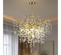 PIOUTNF 32 inch Crystal Chandelier for Dining Room, Round Gold Tree Branches Chandeliers, Top K9 Crystal Modern Chandelier for Kitchen,Foyer Entryway,Luxury Adjustable Hanging Chandeliers