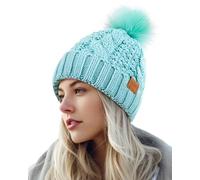 PIOZAED Women's Winter Pompom Beanie Warm and Cozy Knit Hat Fleece Lining Skull Cap for Women Light Green