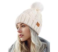 PIOZAED Women's Winter Pompom Beanie Warm and Cozy Knit Hat Fleece Lining Skull Cap for Women White