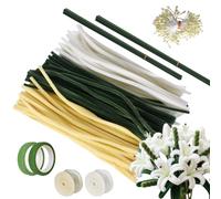 Pipe Cleaner Bouquet Kit, 300 PCS Chenille Pipe Cleaners for Craft, with Double Heads Flower Stamen, 2 Roll Florist Tape, 20 PCS Flower Stem Wire 40 cm and 30cm, 2 Roll Organza Ribbon (Set B)