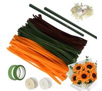 Pipe Cleaner Bouquet Kit, 300 PCS Chenille Pipe Cleaners for Craft, with Double Heads Flower Stamen, 2 Roll Florist Tape, 20 PCS Flower Stem Wire 40 cm and 30cm, 2 Roll Organza Ribbon (Set A)