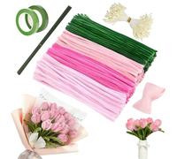 Pipe Cleaner Flower Craft Kit - Wire Sculpture, Craft Flowers,400PCS, Great for Classroom and Home Use for DIY, Handmade Plush Decorative Crafts with Ribbon Floral Tape Stems Stamens, Pink Tulip