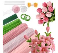 Pipe Cleaners Craft Kit 400PCS, Flexible Pipecleaners for Tulip Bouquets, Pastel Chenille Stems for DIY Art Projects Gift, with Flower Stems, Stamens, Beads, Floral Tape & Ribbon for DIY (Pink Kit)