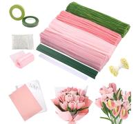 Pipe Cleaners Craft Set for Tulip Bouquets -400 Pcs Colourful in 4 Colours, Stems with Flower Stems, Stamens, Floral Tape & Ribbon for DIY Flowers, Handmade Gifts, Holiday and Home Decorations