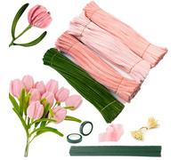 Pipe Cleaners Flowers, Mengger 400 Pipe Cleaners for Crafting Flowers Set, 4 Colours Pipe Cleaners 20 Pieces Green Craft Thread, with Adhesive Tape Flower Stamens Ribbon for Bouquet DIY Decorations