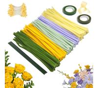 Pipe Cleaners for Craft 300PCS, 30cm Long Super Flexible Fluffy Craft Set with Flower Stems & Florist Tape, Green Yellow Purple Pipecleaners for DIY Floral Arrangements, Kids Art Projects