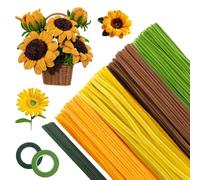 Pipe Cleaners for Crafts, 400 Pieces Pipe Cleaners Craft Set with 40 Green Flower Sticks and 2 Adhesive Tape for DIY Projects and Craft Accessories Decoration 30 cm Light Brown, Pumpkin Yellow, Army