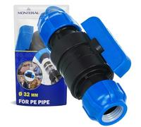 Pipe Connector with Ball Valve Ø 32 mm Made of Polypropylene PP for Connecting Polyethylene PE Pipes - MONTERAL