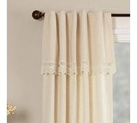 Piper Classics Flax and Lace Panel Curtains, Set of 2, 96" Long, Natural Cream Drapes w/Crochet Lace Trim and Valance Top, Vintage Farmhouse, Boho