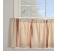 Piper Classics Market Place Red Grain Sack Stripe Tier Curtains, Set of 2, 24" Long, Farmhouse Style Brick Red & Natural Cream Tiers/Café Curtains