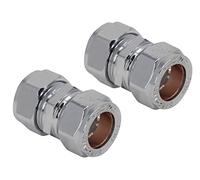 Pipestation 15mm Compression Straight Connectors 2 Pack - Chrome Plated Compression Joint Plumbing Fittings for Copper Pipe Plumbing Pipe Connectors - Compress Plumbers Pipe Fitting - Easy Install