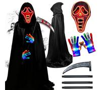 Pipihome Halloween Costumes, 4PCS Grim Reaper Costume, Scary Halloween Costume Adult Women Men with Skeleton Halloween Mask, Black Cloak, Scythe Prop, Gloves