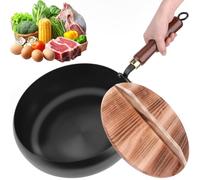 Pipihome Wok Non Stick, Hand-Forged Cast Iron Wok Pan, 28cm Woks with Lid Non Stick, Uncoated Iron Deep Frying Pan, Induction Woks, Nonstick Pans Traditional Japanese Cookware for Induction, Gas