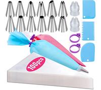 Piping Bags and Nozzles Set, 100Pcs 12 Inch Pastry Bags, Icing Bags Disposable for Cakes Decorating Kit with 1 Reusable Piping Bags, 1 Couplers, 12 Frosting Nozzles, 2 Bag Ties, 3 Cake Scraper