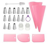 Piping Bags and Nozzles Set, 22 Pcs Cake Decorating Kit with 2 Reusable 12 Inch Piping Bags, 14 Stainless Steel Nozzles, 2 Converters, 3 Scrapers, Suitable for Baking, Icing, Cupcakes, Parties