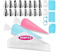 Piping Bags and Tips Set, Cakes Decorating Supplies Kit with 100pcs 16 Inch Pastry Bags, 16 Piping Tips, 3 Cake Scraper, 2 Couplers, 2 Bag Ties, Simple and Convenient Baking Supplies Set