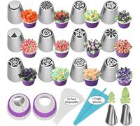 Piping Bags and Tips Set, Piping Bags and Nozzles, Russian Piping Nozzles Set Include 12 Russian Cake Decorating Nozzles 2 Small Flower Nozzles 2 Couplers 10 Disposable Bags 1 Icing Bag (A)