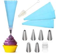 Piping Icing Bags and Nozzles Set of 10 Pcs with 1 Converters, 2 Silicone Bags, 1 Cleaning Brush and 6 Premium Stainless Steel Piping Nozzles for DIY Decorating Cakes & Cupcakes