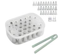 Piping Tip Organizer 27 Grids Storage Box with 25 Seamless Piping Tips, 2 Adapters & Silicone Mini Tongs - Baking Supplies Storage for Cake Decorating Tools, Stainless Steel Nozzles, Jewelry Beads