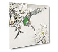 Pipit Bird & White Magnolias by Numata Kashu Asian Japanese Canvas Wall Art Print Ready to Hang, Framed Picture for Living Room Bedroom Home Office Décor, 14x14 Inch (35x35 cm)