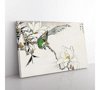 Pipit Bird & White Magnolias By Numata Kashu Asian Japanese Canvas Wall Art Print Ready to Hang, Framed Picture for Living Room Bedroom Home Office Décor, 50x35 cm (20x14 Inch)