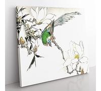 Pipit Bird & White Magnolias by Numata Kashu Asian Japanese Canvas Wall Art Print Ready to Hang, Framed Picture for Living Room Bedroom Home Office Décor, 35x35 cm (14x14 Inch)